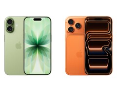 Imagen en paralelo del iPhone 17 verde con cámaras duales y del iPhone 17 Pro naranja con cámaras triples. (Fuente de la imagen: Apple)