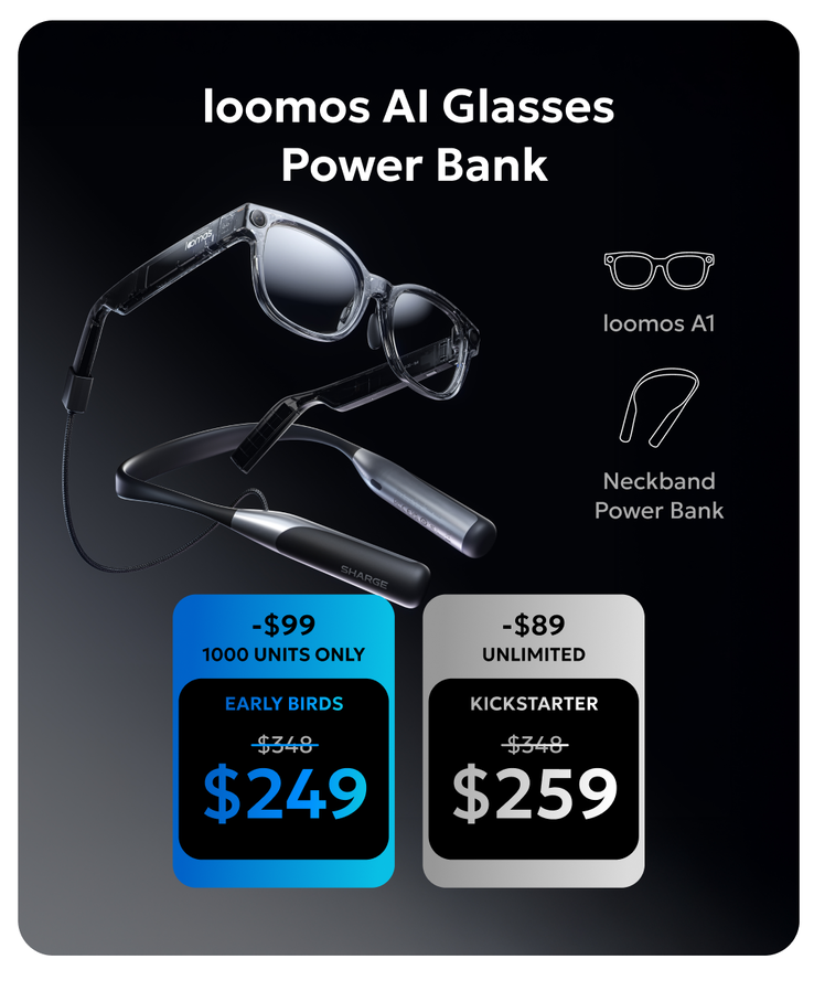Las gafas loomos y su power bank a juego. (Fuente: loomos vía Kickstarter)