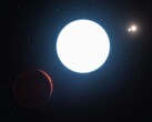 Ilustración artística que muestra una estrella de neutrones y unos planetas.