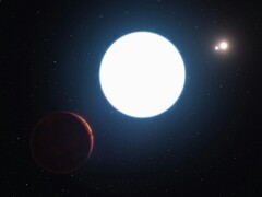 Ilustración artística que muestra una estrella de neutrones y unos planetas.