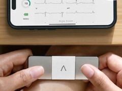 Un AliveCor KardiaMobile 6L Max sostenido por ambas manos para medir el ECG de una persona. (Fuente de la imagen: AliveCor)