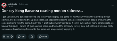 Reddit post #1 on Donkey Kong Bananza motion sickness (Fuente de la imagen: captura de pantalla, Nintendo subreddit)