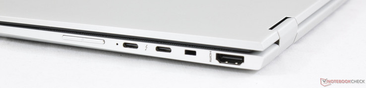 A la derecha: balanceador de volumen, 2x USB Tipo-C + Thunderbolt 3, DriveLock, HDMI 1.4