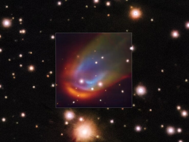 Una imagen que muestra ondas de choque alrededor de la estrella muerta RXJ0528+2838. (Fuente de la imagen:  ESO/K. Iłkiewicz y S. Scaringi et al. Fondo: PanSTARRS)