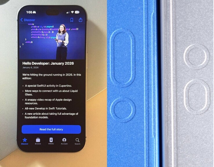 Supuesto prototipo del iPhone 18 Pro (izquierda), modelo de diseño del iPhone 18 Pro Max (derecha).