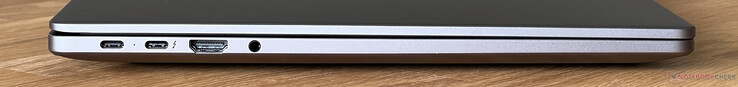 Lado izquierdo: USB-C 3.2 Gen.1 (5 Gb/s, modo DisplayPort alt, Power Delivery), USB-C 4.0 con Thunderbolt 4 (40 Gb/s, modo DisplayPort alt, Power Delivery), HDMI 2.1, audio de 3,5 mm