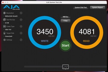 macBook Pro de 512 GB con M1 Pro en la prueba de disco del sistema AJA. (Fuente de la imagen: @ZONEofTECH en Twitter)