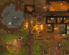 Captura de pantalla de RimWorld que muestra una colonia bajo ataque, con incendios, animales y edificios.