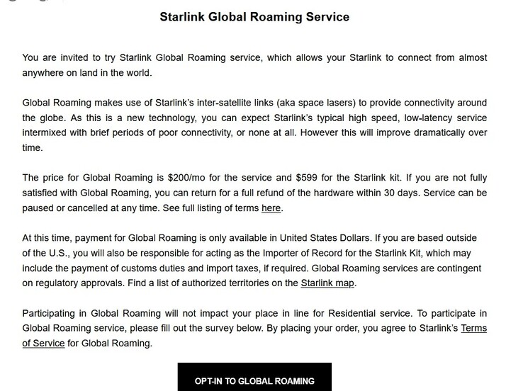 Memorándum del nuevo servicio Starlink Global Roaming de SpaceX