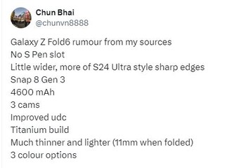 Las próximas filtraciones de Galaxy Z Fold 6 insinúan actualizaciones incrementales. (Fuente: Chun Bhai vía Twitter)