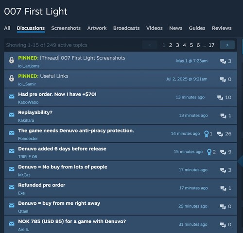 Denuvo se queja en el foro de 007 First Light Steam