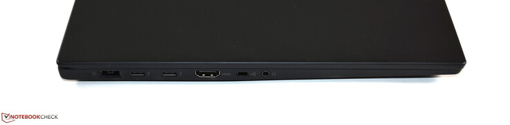 Izquierda: conexión de alimentación de punta fina, 2x Thunderbolt 3, HDMI, mini-Ethernet, audio combo