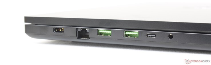 Izquierda: adaptador de CA, RJ-45 a 2,5 Gbps, 2 USB-A 3.2 Gen. 2, USB-C con Power Delivery + DisplayPort 1.4, auriculares de 3,5 mm