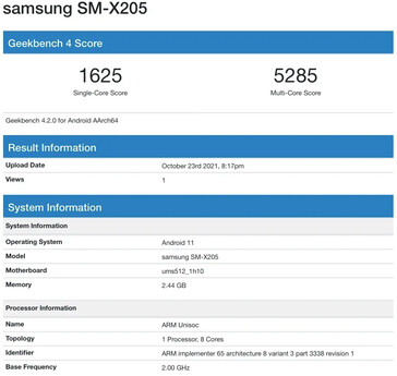 El supuesto Galaxy Tab A8 aparece en Geekbench. (Fuente: Geekbench vía 91Mobiles)