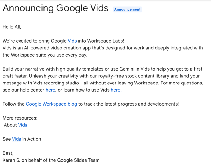 El anuncio de hoy sobre el lanzamiento de Google Vids en Workspace Labs. (Fuente: Soporte de Google)