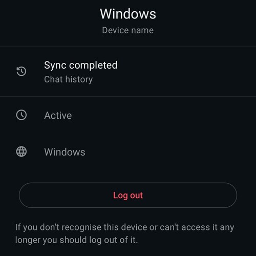 Vista detallada de un dispositivo vinculado a WhatsApp en la que se muestra el nombre del dispositivo, su estado y un botón rojo para cerrar sesión