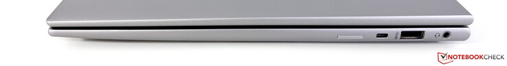 A la derecha: Ranura Nano SIM (opcional para los modelos WWAN), Kensington Nano Lock, USB-A 3.2 Gen.1 (5 GBit/s), audio de 3,5 mm