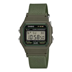 Reloj digital Casio F-91WF-1A con caja de color verde oliva y correa de tejido a juego.
