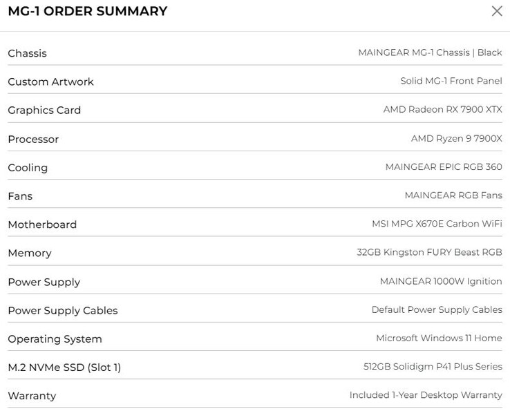Maingear MG-1 3.681 dólares con CPU AMD Ryzen 9 y GPU RX 7000 Series (Fuente: Propia)