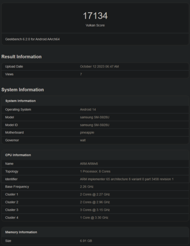 Snapdragon 8 Gen 3 Vulkan benchmark (imagen vía Geekbench)