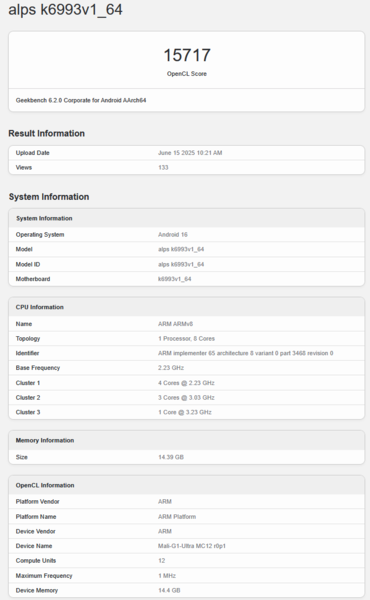 Listado de MediaTek Dimensity 9500 en Geekbench (fuente de la imagen: Geekbench)