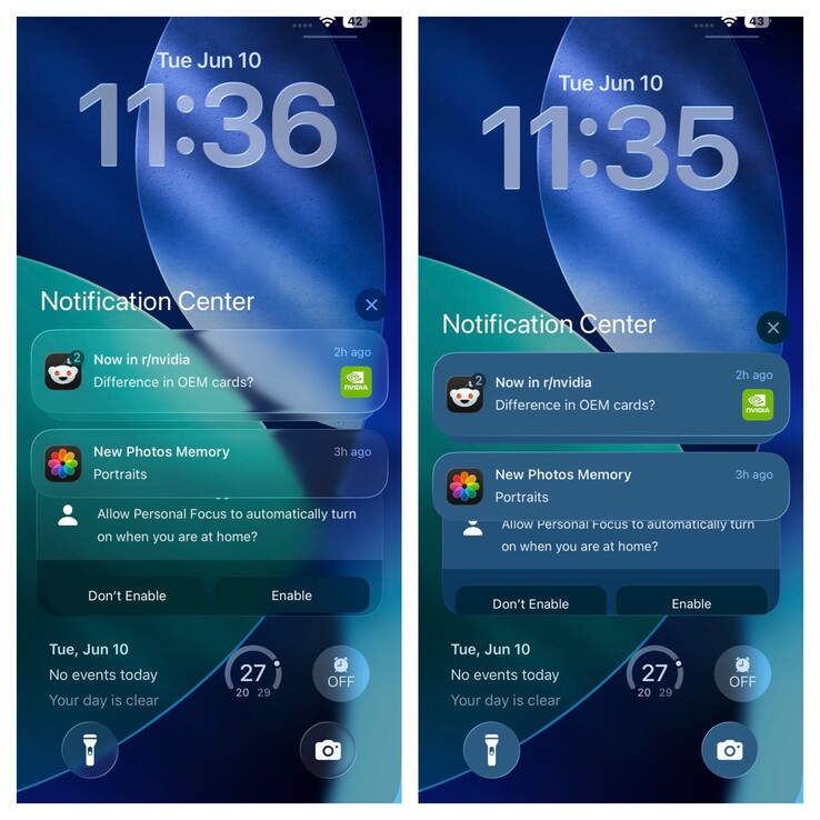 pantalla de bloqueo de iOS 26 con y sin transparencia. (Fuente de la imagen: Vaidyanathan S. en X)