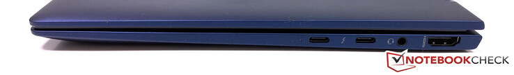 Lado derecho: 2x Thunderbolt 3 (USB-C, Power Delivery 3.0), jack estéreo de 3.5 mm, HDMI 1.4