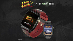 Reloj para videojuegos Street Fighter II: My Play Watch con correa roja, detalles con acabado dorado y una segunda pantalla de reloj, sobre un fondo oscuro texturizado.