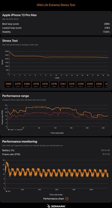 Resultado del test 3D Mark Wild Life Extreme Stress Test del A15 Bionic. (Fuente: Notebookcheck)