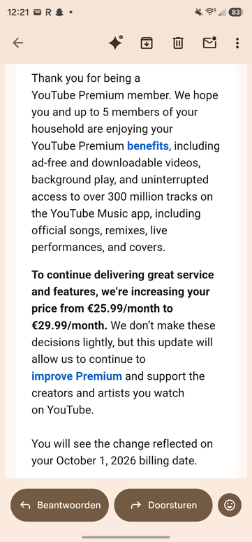 Correo electrónico sobre el aumento de precio de YouTube Premium para familias