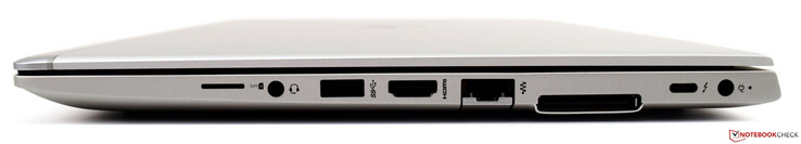 derecha: micro-SIM, toma de auriculares y micrófono combinados, USB 3.1 Gen 1, HDMI 1.4b, RJ-45, puerto de acoplamiento, Thunderbolt (USB tipo C), fuente de alimentación