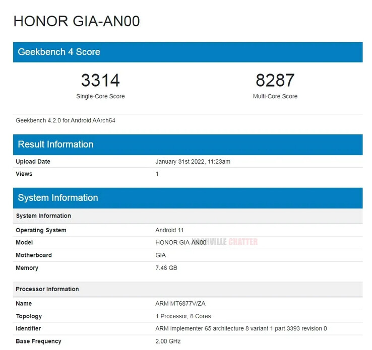 Nuevo teléfono Honor, mismo procesador MediaTek. (Fuente: Geekbench 4 vía NashvilleChatter)