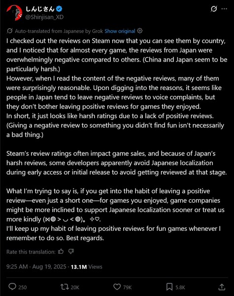 Post de Shinjisan sobre las reseñas de juegos japoneses en Steam (Fuente de la imagen: captura de pantalla, cuenta X de Shinjisan_XD)