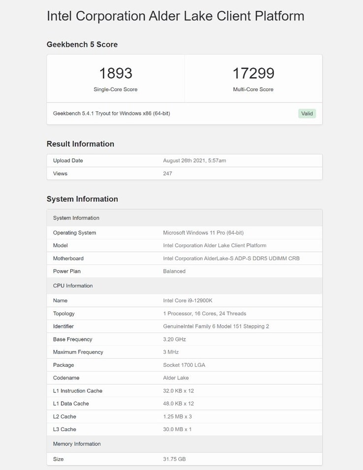 Intel Alder Lake Core i9-12900K en Geekebench. (Fuente: Geekbench)