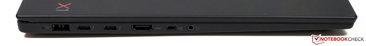 Lado izquierdo: Alimentación (SlimTip), 2x Thunderbolt 3 con conectores USB-C (USB 3.1 Gen.2, DisplayPort), HDMI 2.0, Mini-Ethernet, toma estéreo de 3.5 mm