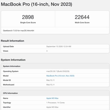 Resultado del Apple M3 Max en Geekbench 7.