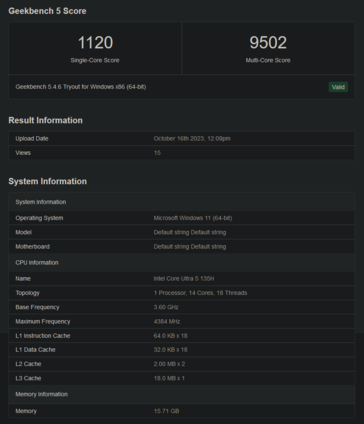 Rendimiento en Geekbench del Intel Core Ultra 5 135H (imagen vía Geekbench)