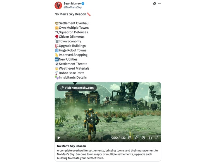 El jefe del estudio Hello Games comparte detalles sobre la actualización Beacon para No Man's Sky. (Fuente de la imagen: Sean Murray en X)