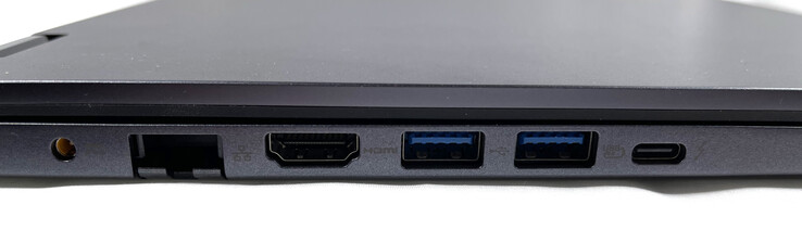 Izquierda: puerto de carga, puerto Gigabit Ethernet desplegable, HDMI 2.0, 2 USB 3.2 Gen. 2, USB-C Thunderbolt 4 (con DisplayPort y Power Delivery)
