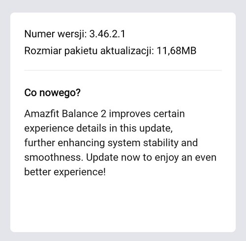 Las notas de la versión del firmware 3.46.0.1 del smartwatch Amazfit Balance 2
