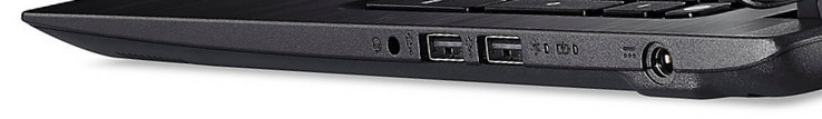Lado derecho: conector combinado de micrófono/auriculares, dos puertos USB 2.0, toma de corriente continua.