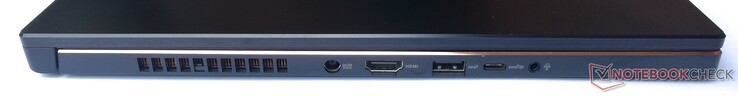 Lado izquierdo: alimentación, HDMI 2.0b, 1x USB 3.2 Gen2 Tipo-A, 1x USB 3.2 Gen2 Tipo-C (incl. DisplayPort 1.4), audio combinado de 3.5-mm