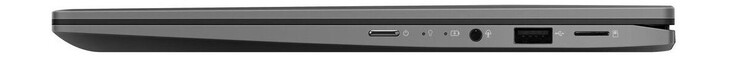 Lado derecho: botón de encendido, conector combinado de audio de 3.5 mm, 1x USB 2.0 Tipo-A, lector de tarjetas microSD