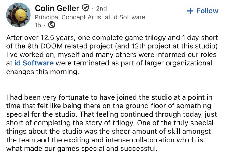 Colin Geller, el responsable de definir la dirección artística del Doom moderno, también ha sido despedido