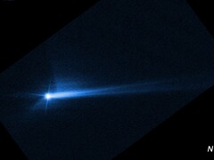 Imagen que muestra los restos expulsados de la superficie de Dimorpho tras el impacto intencionado de la nave espacial DART de la NASA (Fuente de la imagen: NASA, ESA, STScI y Hubble; recortada)