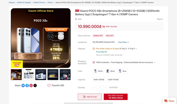La ficha del Poco X8s tal como aparecía en la tienda oficial de Xiaomi en Shopee en Vietnam
