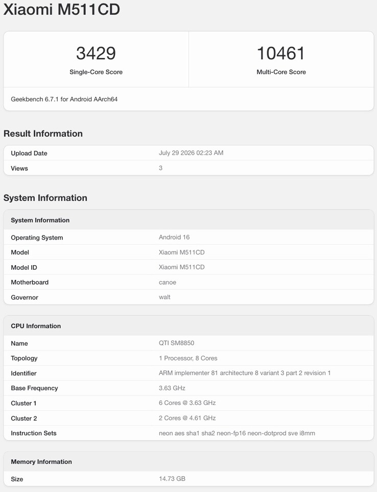 Ficha de Geekbench del supuesto Redmi K100 Pro.