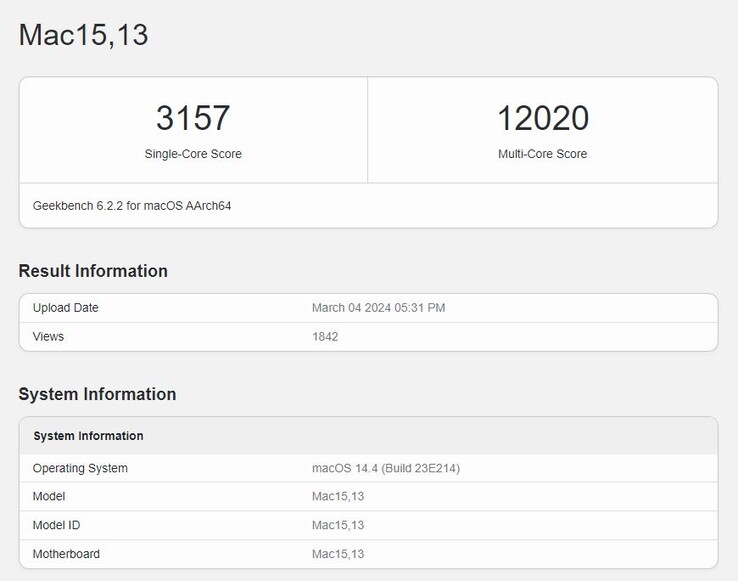 Puntuaciones del MacBook Air con M3 en el banco de pruebas Geekbench 6. (Fuente: Geekbench)