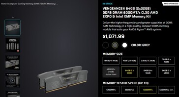 Precio actual del kit de memoria RAM Corsair Vengeance 64GB DDR5. (Fuente de la imagen: Corsair)