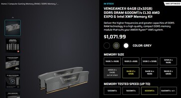 Precio actual del kit de memoria RAM Corsair Vengeance 64GB DDR5. (Fuente de la imagen: Corsair)
